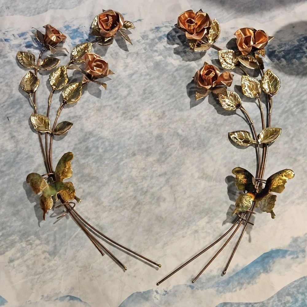 Vintage Metal Rose Wall Decor Gold Copper Butterflies Floral Hanging 20